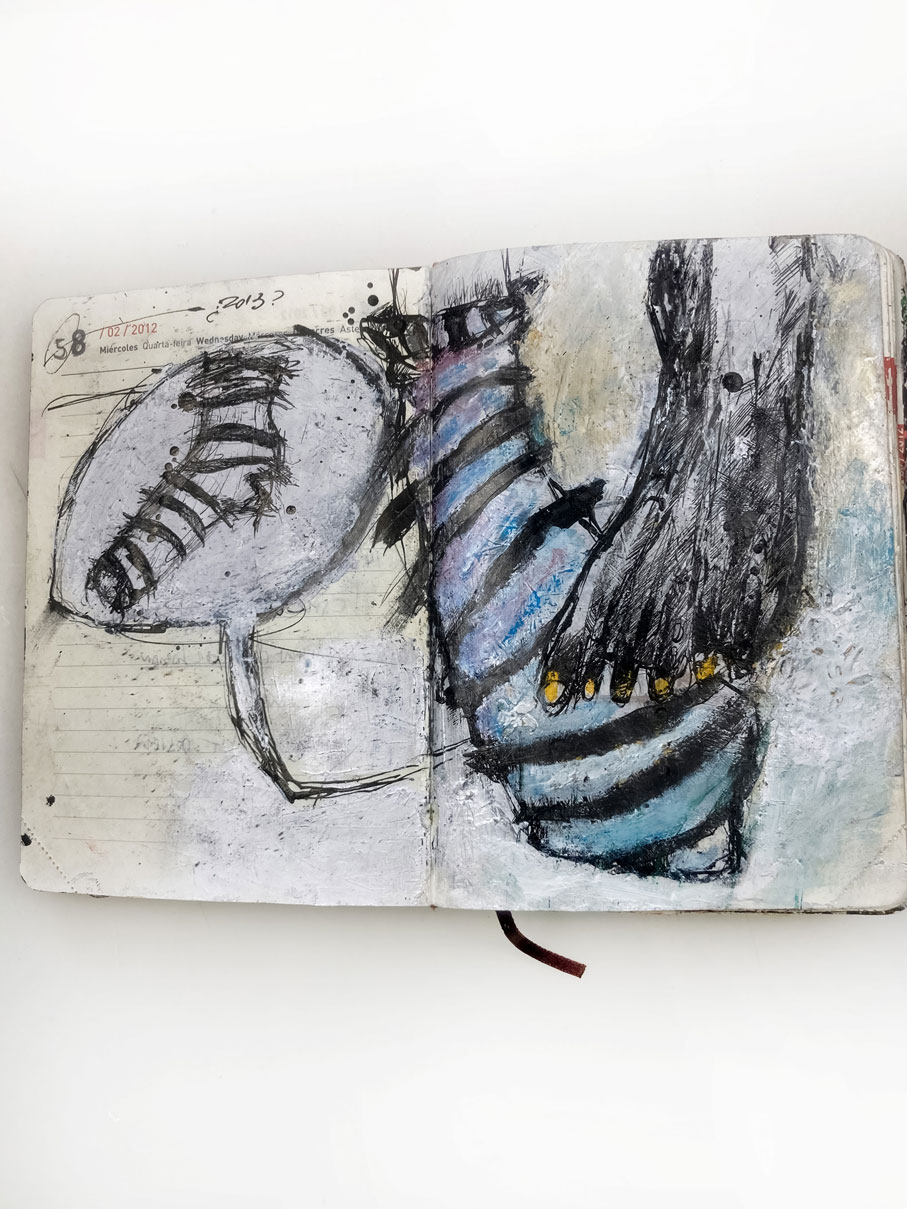 Open mixed-media drawing spread from Agenda 2012